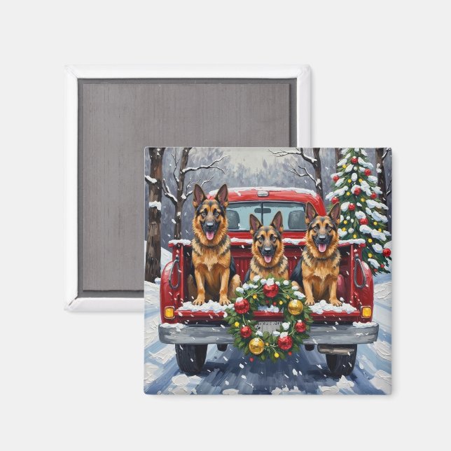 German Shepherd Christmas Red Truck Holiday Magnet (Front/Back)
