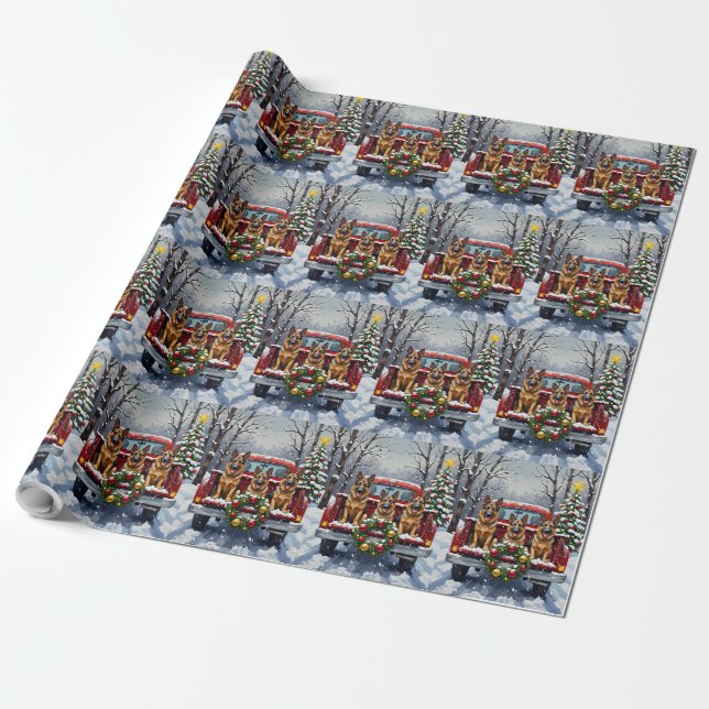 German Shepherd Christmas Red Truck Holiday Presentpapper (Utrullad)