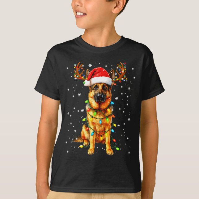 German Shepherd Christmas Tree Lights Pajama Dog L T Shirt (Framsida)