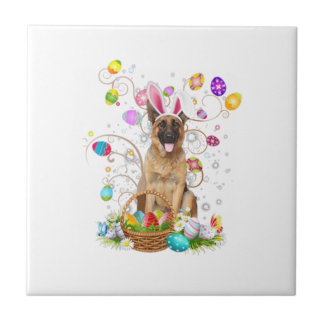 German Shepherd Dog Easter Egg Hunting Basket East Kakelplatta (Framsidan)