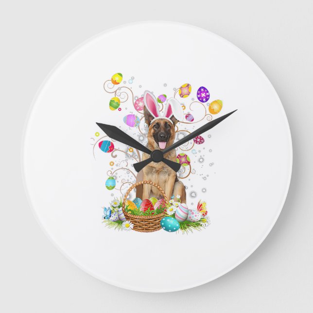 German Shepherd Dog Easter Egg Hunting Basket East Stor Klocka (Framsida)