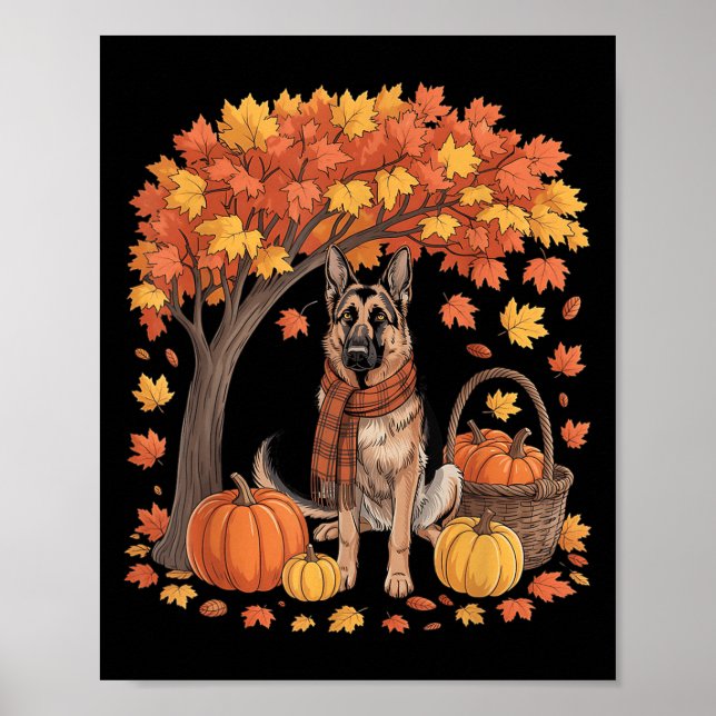 German Shepherd Dog Fall Scarf Pumpkin Autumn Than Poster (Framsidan)