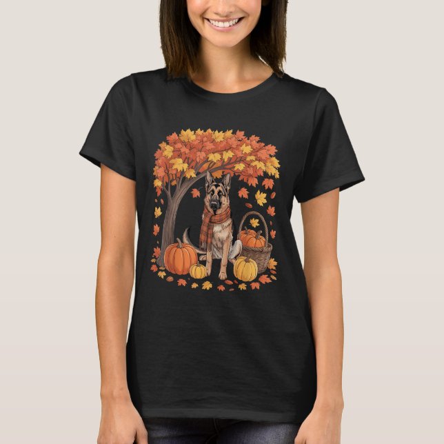 German Shepherd Dog Fall Scarf Pumpkin Autumn Than T Shirt (Framsida)