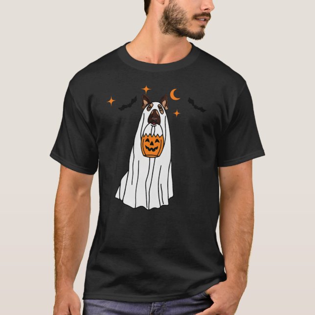German Shepherd Dog Ghost and Pumpkin Halloween Fu T Shirt (Framsida)