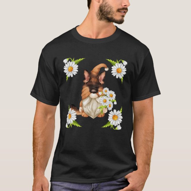 German Shepherd Dog Gnome For Spring Floral Daisy  T Shirt (Framsida)