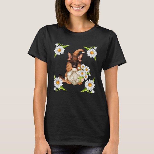 German Shepherd Dog Gnome For Spring Floral Daisy  T Shirt (Framsida)