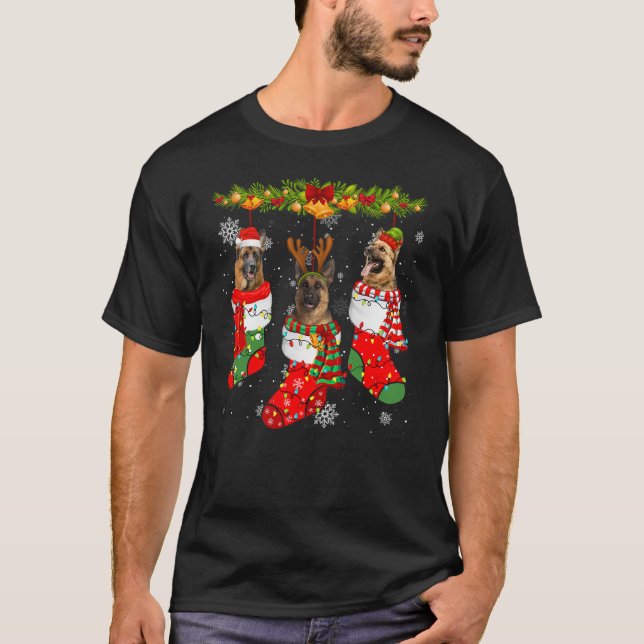 German Shepherd Dog In Socks Christmas Lights Swea T Shirt (Framsida)