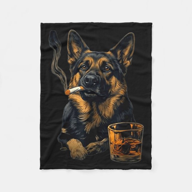 German Shepherd Dog Smoking Cigarette Whisky Lover Fleecefilt (Framsidan)