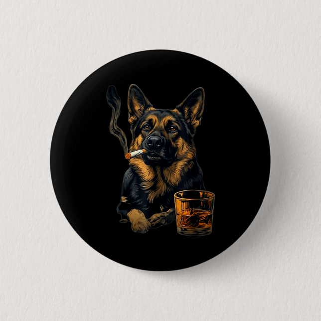 German Shepherd Dog Smoking Cigarette Whisky Lover Knapp (Framsida)