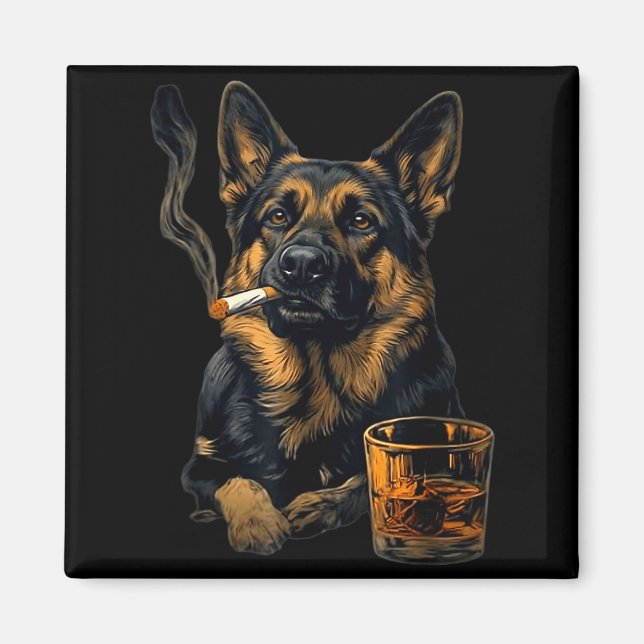 German Shepherd Dog Smoking Cigarette Whisky Lover Magnet (Framsidan)