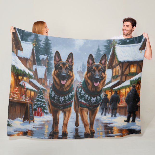 German Shepherd Dogs Christmas Snow Holiday Fleecefilt (På plats)