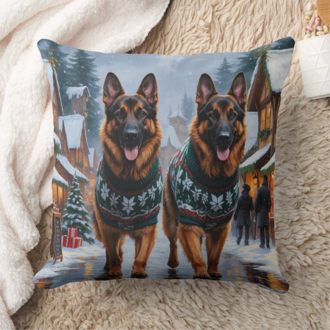German Shepherd Dogs Christmas Snow Holiday Kudde (Filt)