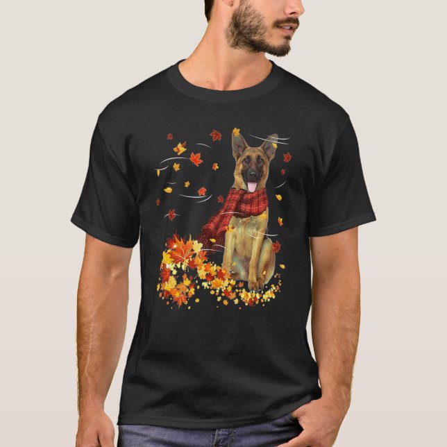 German Shepherd Fall Scarf Dogs Autumn Leaves T Shirt (Framsida)