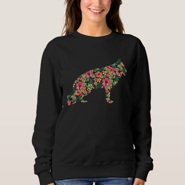 German Shepherd Flower  Dog Silhouette Floral T Shirt (Framsida)