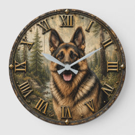 German Shepherd Mountain Forest Rustic Stor Klocka