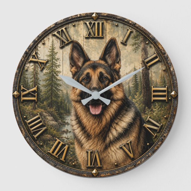 German Shepherd Mountain Forest Rustic Stor Klocka (Framsida)