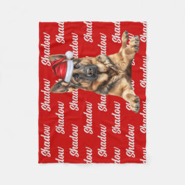 German Shepherd on Red with Name Christmas Dog Fleecefilt