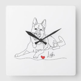 German Shepherd Pet Line Art with Name Fyrkantig Klocka
