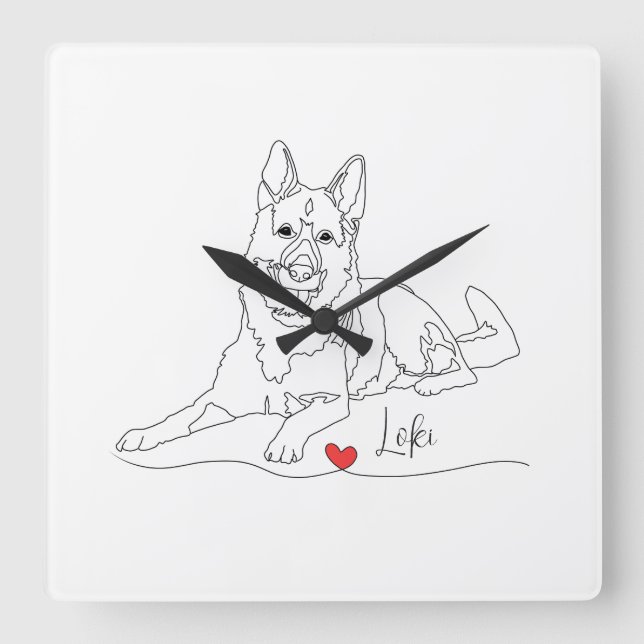 German Shepherd Pet Line Art with Name Fyrkantig Klocka (Framsida)