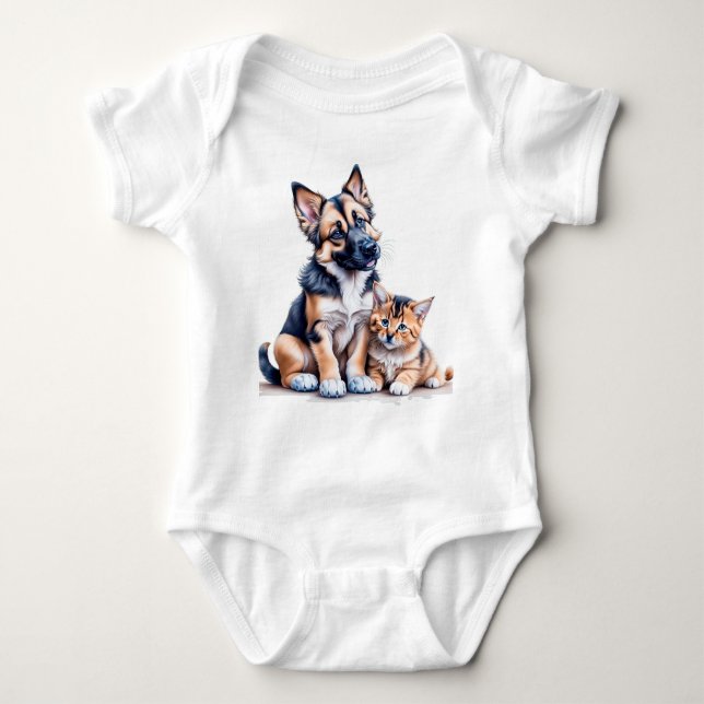 German Shepherd Puppy And Maincoon Kitten T Shirt (Framsida)