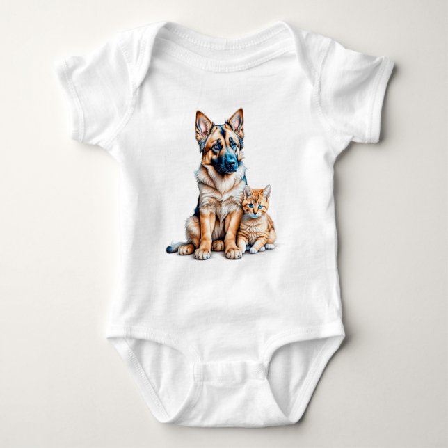 German Shepherd Puppy And Maincoon Kitten T Shirt (Framsida)