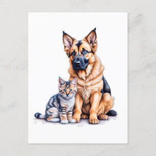German Shepherd Puppy And Maincoon Kitten Vykort