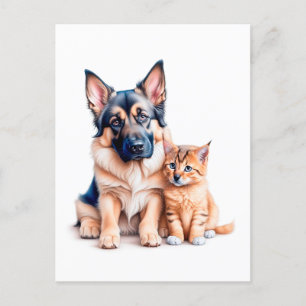 German Shepherd Puppy And Maincoon Kitten Vykort