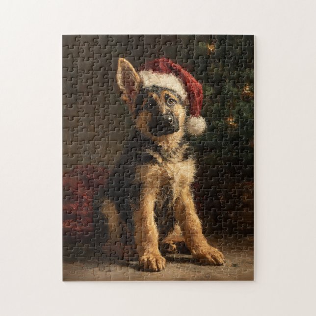 German Shepherd Puppy Christmas Painting Pussel (Vertikal)
