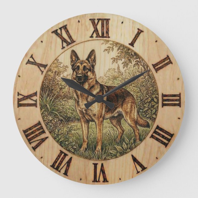 German Shepherd - Rustic Dog Decor Stor Klocka (Framsida)