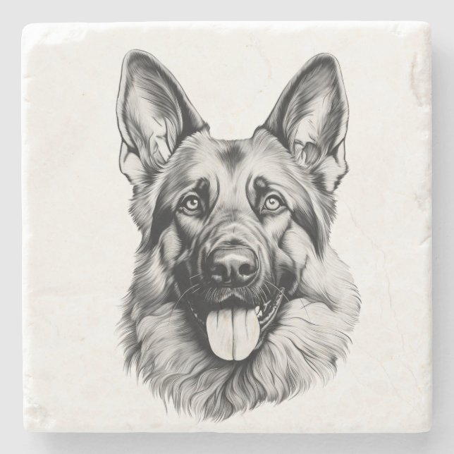 German Shepherd Sketch Stone Coaster | B&W Stenunderlägg (Framsidan)