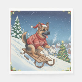 German Shepherd Sledding, Christmas Napkins Pappersservett