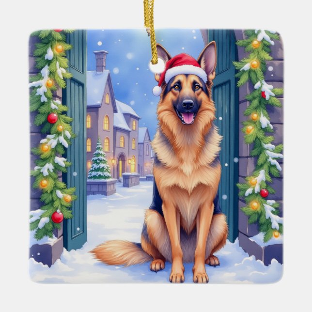 German Shepherd Snowy Town Gate Santa Christmas Julgransprydnad Keramik (Framsida)