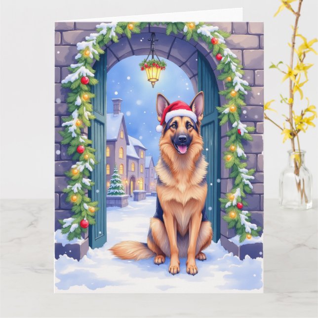 German Shepherd Snowy Town Gate Santa Christmas Kort (Gul blomma)