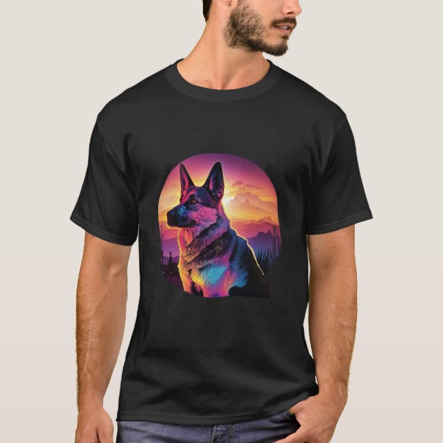 German Shepherd Synthwave 80s Retrowave Aesthetic T Shirt (Framsida)