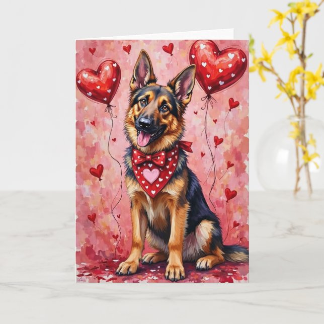 German Shepherd Valentine’s Day Dog with Hearts Kort (Gul blomma)