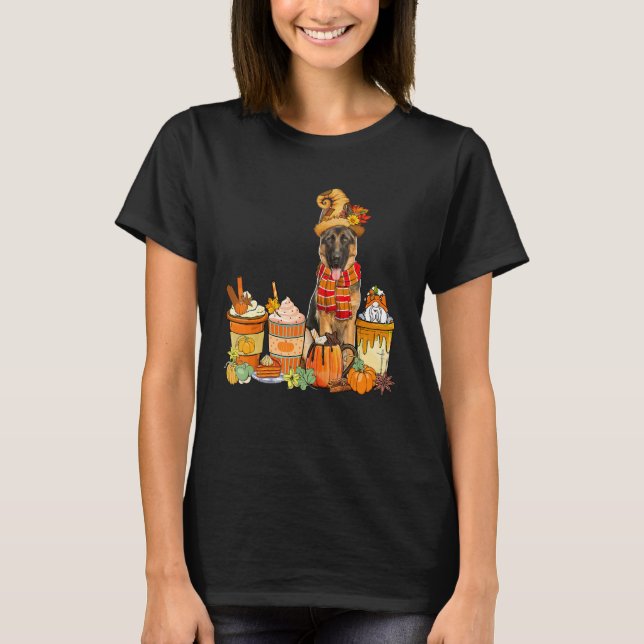 German Shepherd Wearing Hat With Coffee Cups Fall  T Shirt (Framsida)