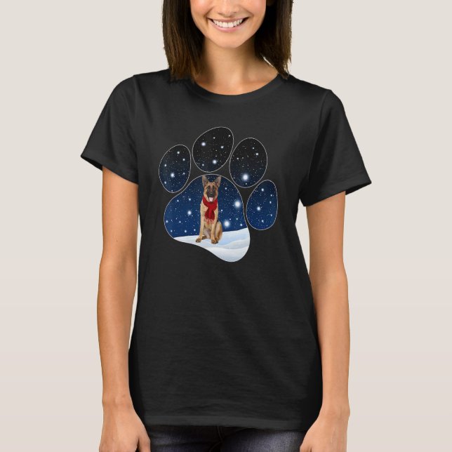 German Shepherd Winter Snow Paw Dogs Christmas T Shirt (Framsida)