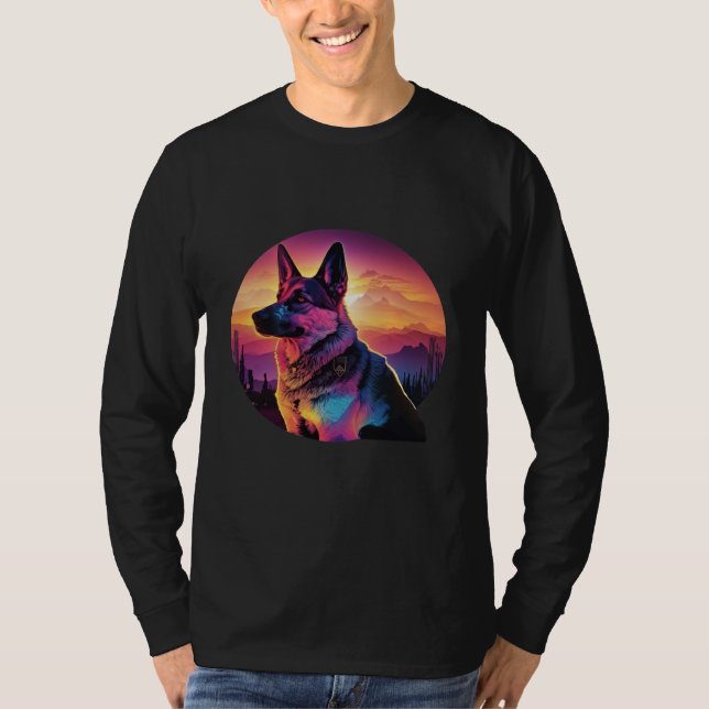 German Shepherd with a Nostalgic 80s Retrowave Aes T Shirt (Framsida)