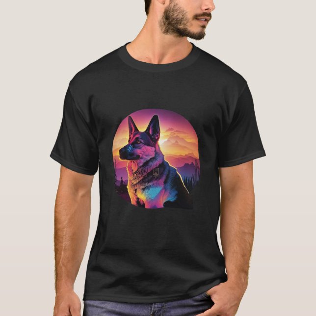 German Shepherd with a Nostalgic 80s Retrowave Aes T Shirt (Framsida)