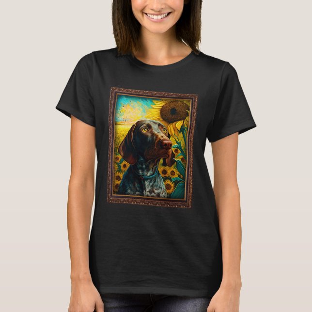 German Shorthaired Pointer Painting Sunflower Flow T Shirt (Framsida)