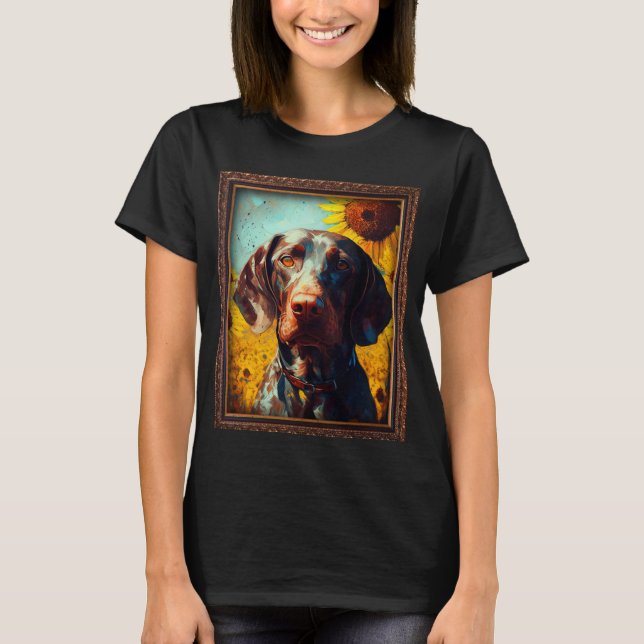 German Shorthaired Pointer Painting Sunflower Flow T Shirt (Framsida)