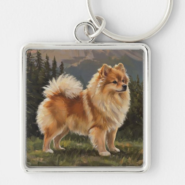 German Spitz Fyrkantig Silverfärgad Nyckelring (Framsidan)