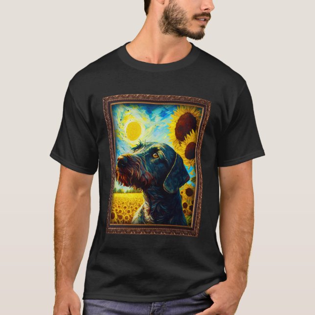 German Wirehaired Pointer Painting Sunflower Flowe T Shirt (Framsida)