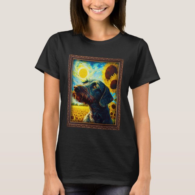 German Wirehaired Pointer Painting Sunflower Flowe T Shirt (Framsida)