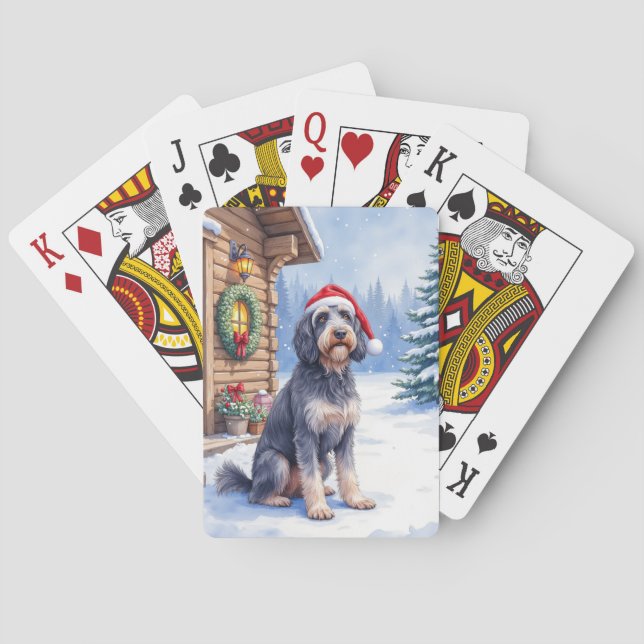 German Wirehaired Pointer Snowy Lodge Santa Hat Casinokort (Baksidan)