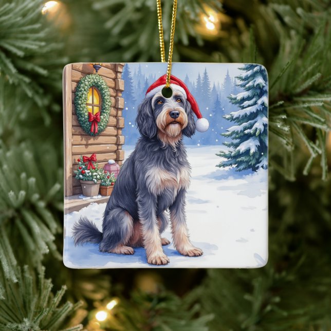 German Wirehaired Pointer Snowy Lodge Santa Hat Julgransprydnad Keramik (Träd)