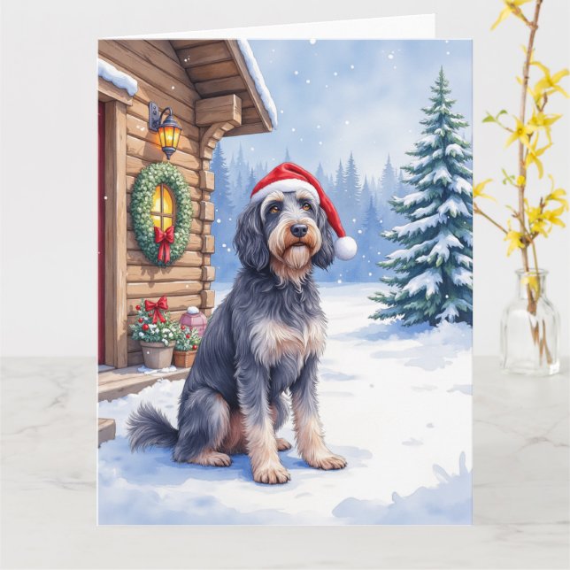 German Wirehaired Pointer Snowy Lodge Santa Hat Kort (Gul blomma)