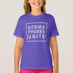 Germaphobes Unite Funny Pandemic Meme T Shirt<br><div class="desc">Ett lustigt citat under Covid-19-pandemin har varit "Germaphobes Unite"! Den här moderna textdesignen har vit text på en mörk skjorta med en matchande vit rektangel ram runt texten. Det är en underbar gåva till din favoritgermaphobe. Finns i olika storlekar,  för barn eller vuxnor för färg och skjorta för stilar.</div>