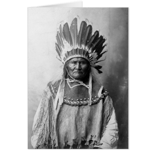 Geronimo i huvudbonaden 1907 hälsningskort (Framsidan)