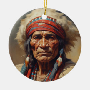 Geronimo Indian Chief Warrior Porträtt Julgransprydnad Keramik